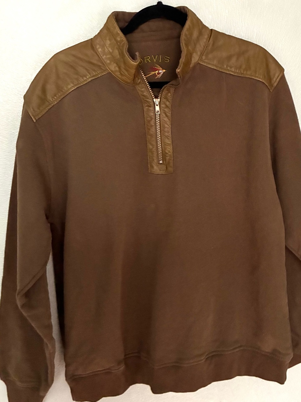 Orvis Men’s Olive Quarter Zip Sweatshirt Leather Trim Pullover Size XL